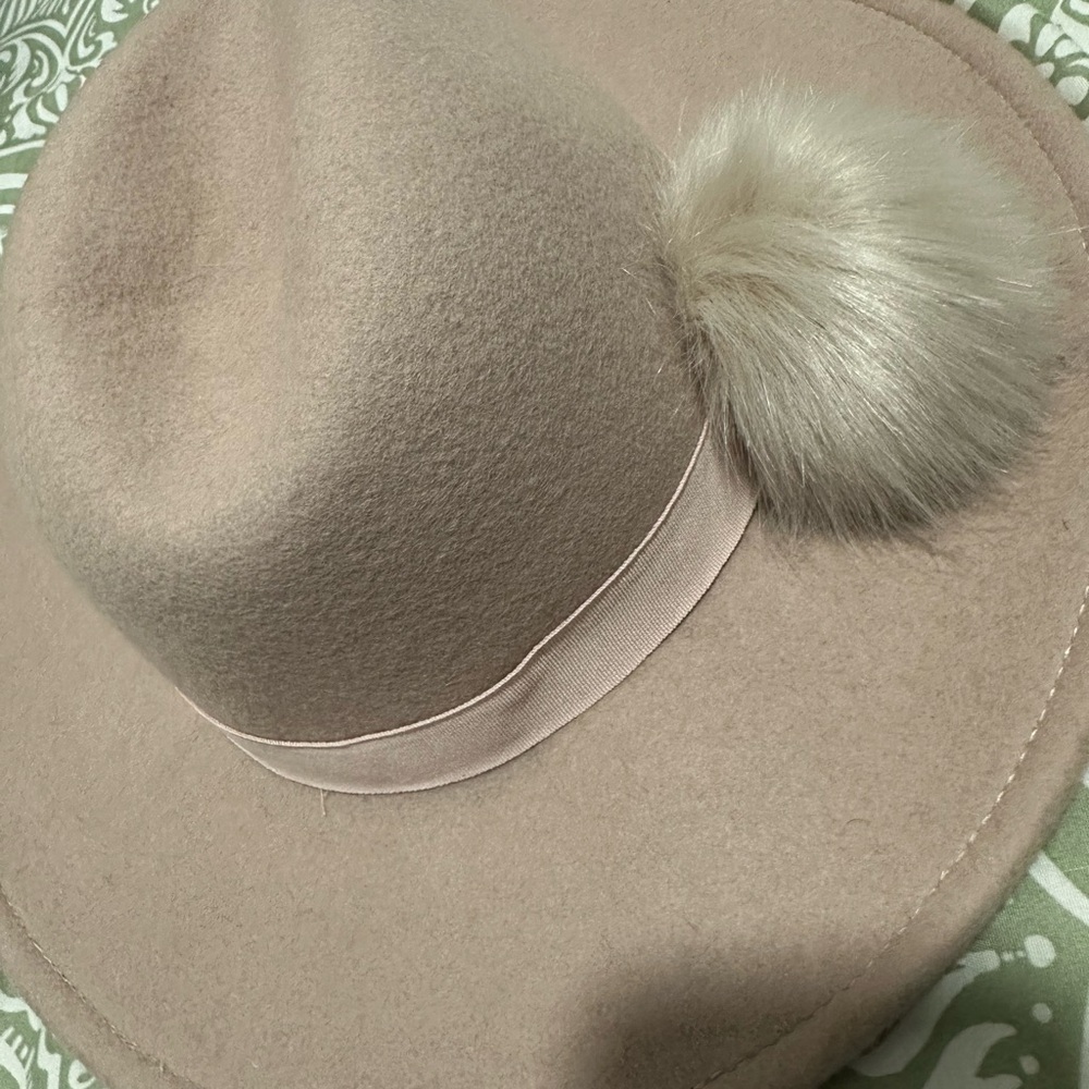 Elegant Tan Fedora with Faux Fur Pom